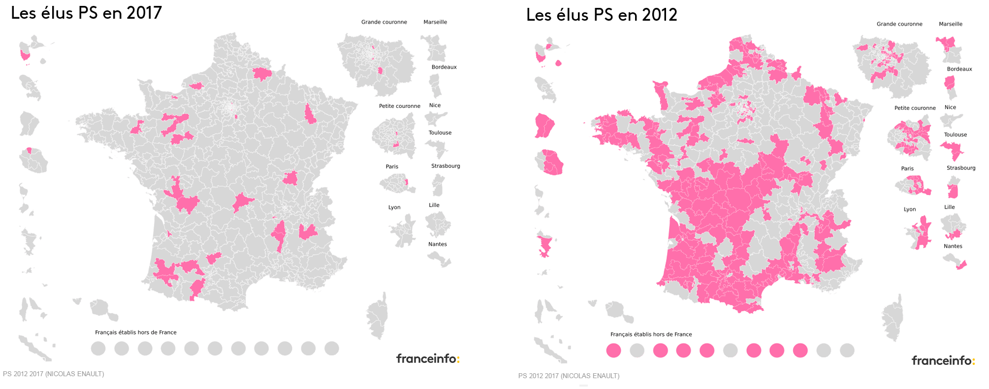 Le PS disparaît de la carte avec 29 circonscriptions, contre 280 en 2012 Le PS disparaît de la carte avec 29 circonscriptions, contre 280 en 2012