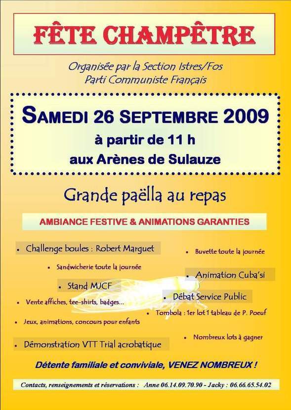 Demain Fête champêtre du Parti Communiste Istres-Fos aux arènes de Sulauze