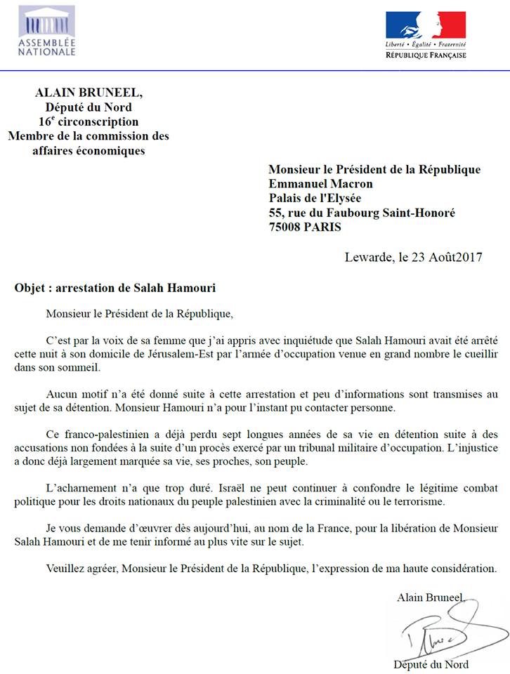 Arrestation de Salah Hamouri, le député Alain Bruneel (PCF) interpelle le Président de la République