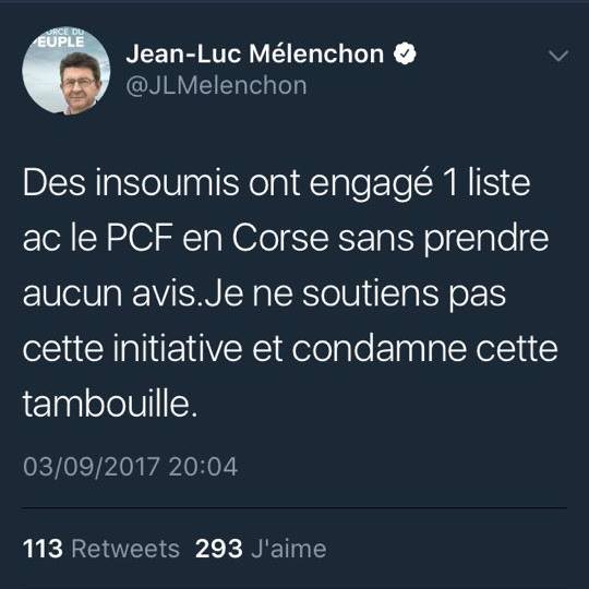 L’absurde tweet de Jean-Luc Mélenchon à propos de l'alliance PCF-FI pour les élections territoriales en Corse L’absurde tweet de Jean-Luc Mélenchon à propos de l'alliance PCF-FI pour les élections territoriales en Corse
