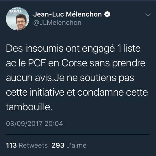L’absurde tweet de Jean-Luc Mélenchon à propos de l'alliance PCF-FI pour les élections territoriales en Corse