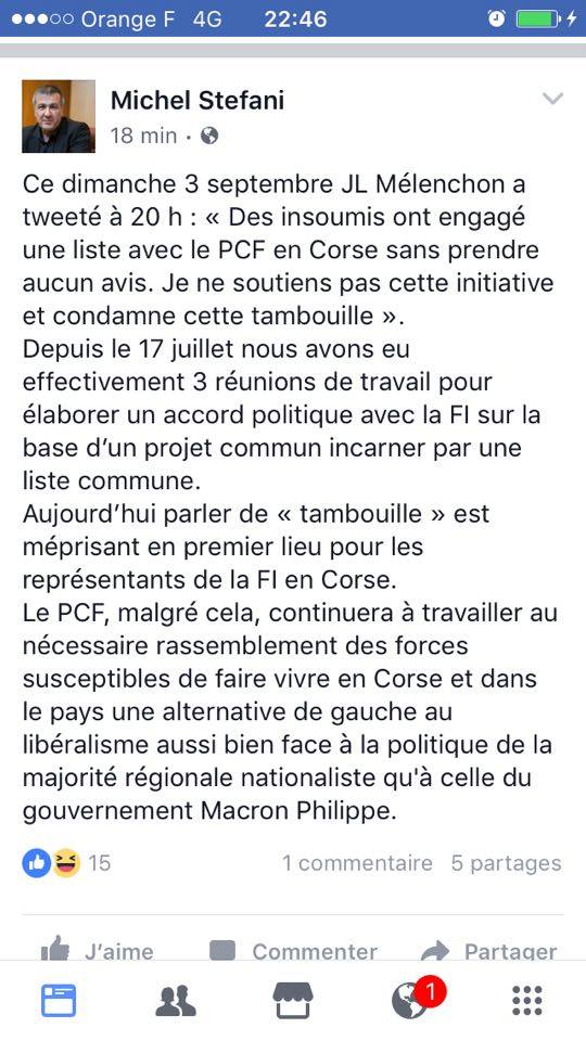 L’absurde tweet de Jean-Luc Mélenchon à propos de l'alliance PCF-FI pour les élections territoriales en Corse