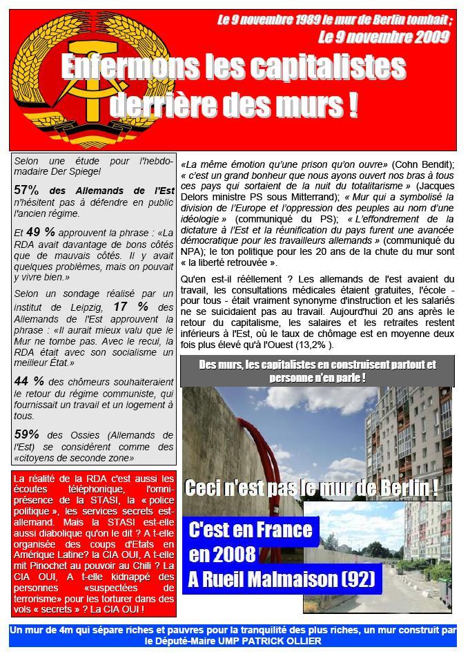 Le 9 novembre 1989 le mur de Berlin tombait ; Le 9 novembre 2009 enfermons les capitalistes derrière des murs ! Le 9 novembre 1989 le mur de Berlin tombait ; Le 9 novembre 2009 enfermons les capitalistes derrière des murs !