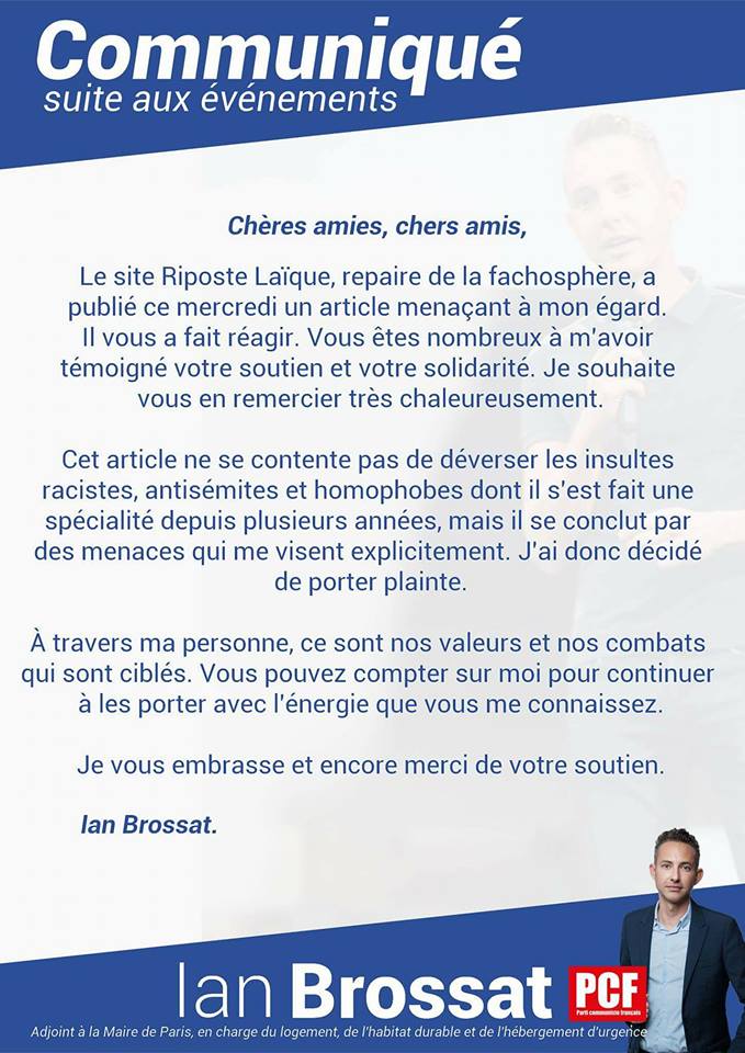 Ian Brossat (PCF) porte plainte contre le site fasciste Riposte Laïque