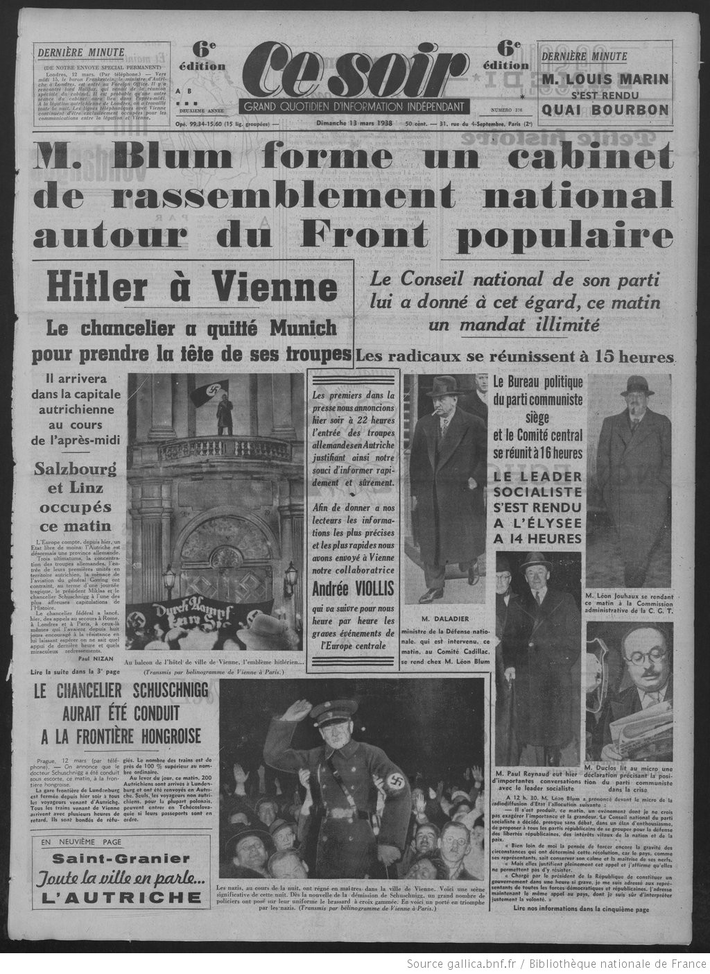 Anschluss : Quand le journal communiste "Ce Soir" dénonçait la lâcheté et la complicité honteuse de Paris et Londres