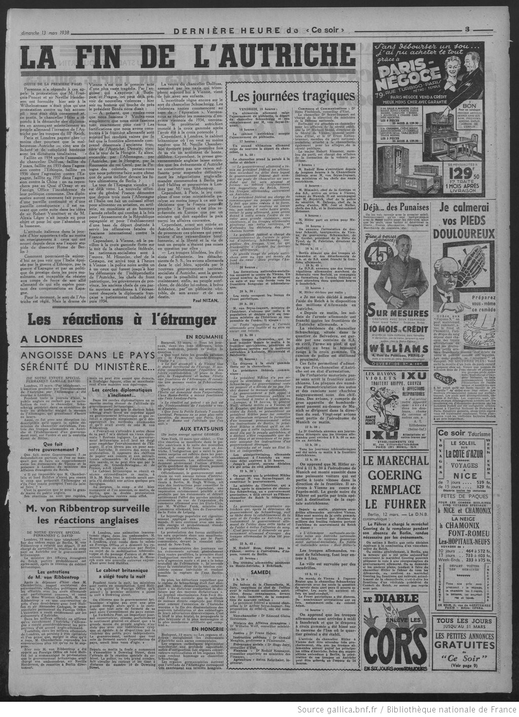Anschluss : Quand le journal communiste "Ce Soir" dénonçait la lâcheté et la complicité honteuse de Paris et Londres
