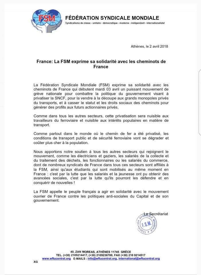 La Fédération Syndicale Mondiale apporte le soutien de 100 millions de travailleurs aux cheminot.e.s