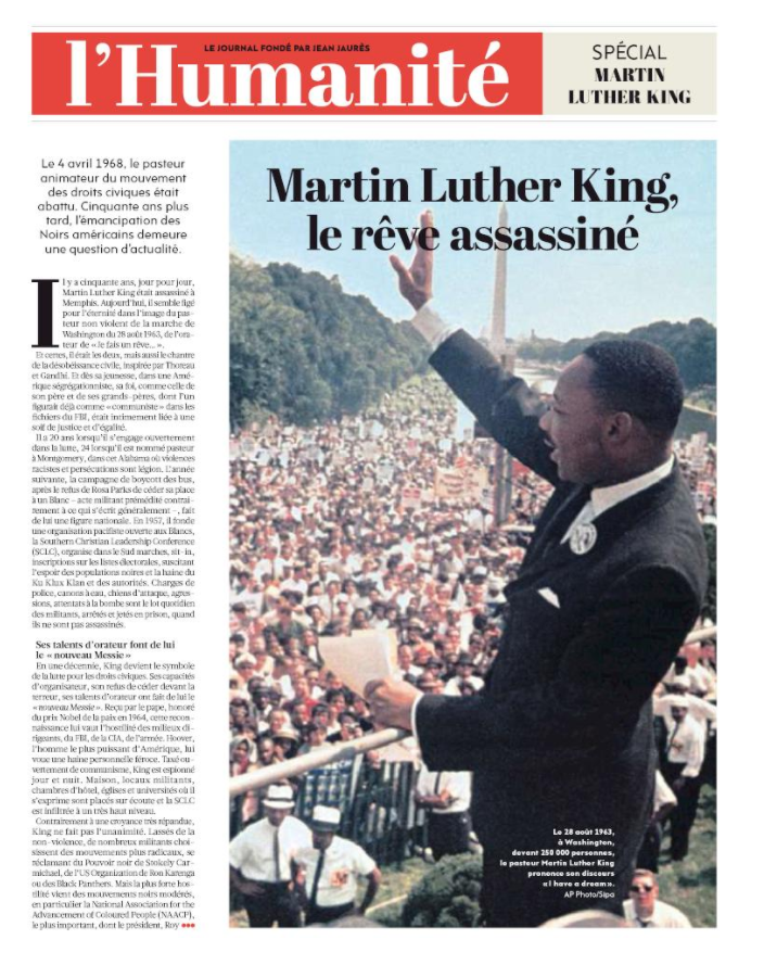Aujourd'hui dans L'Humanité : Martin Luther King, le rêve assassiné