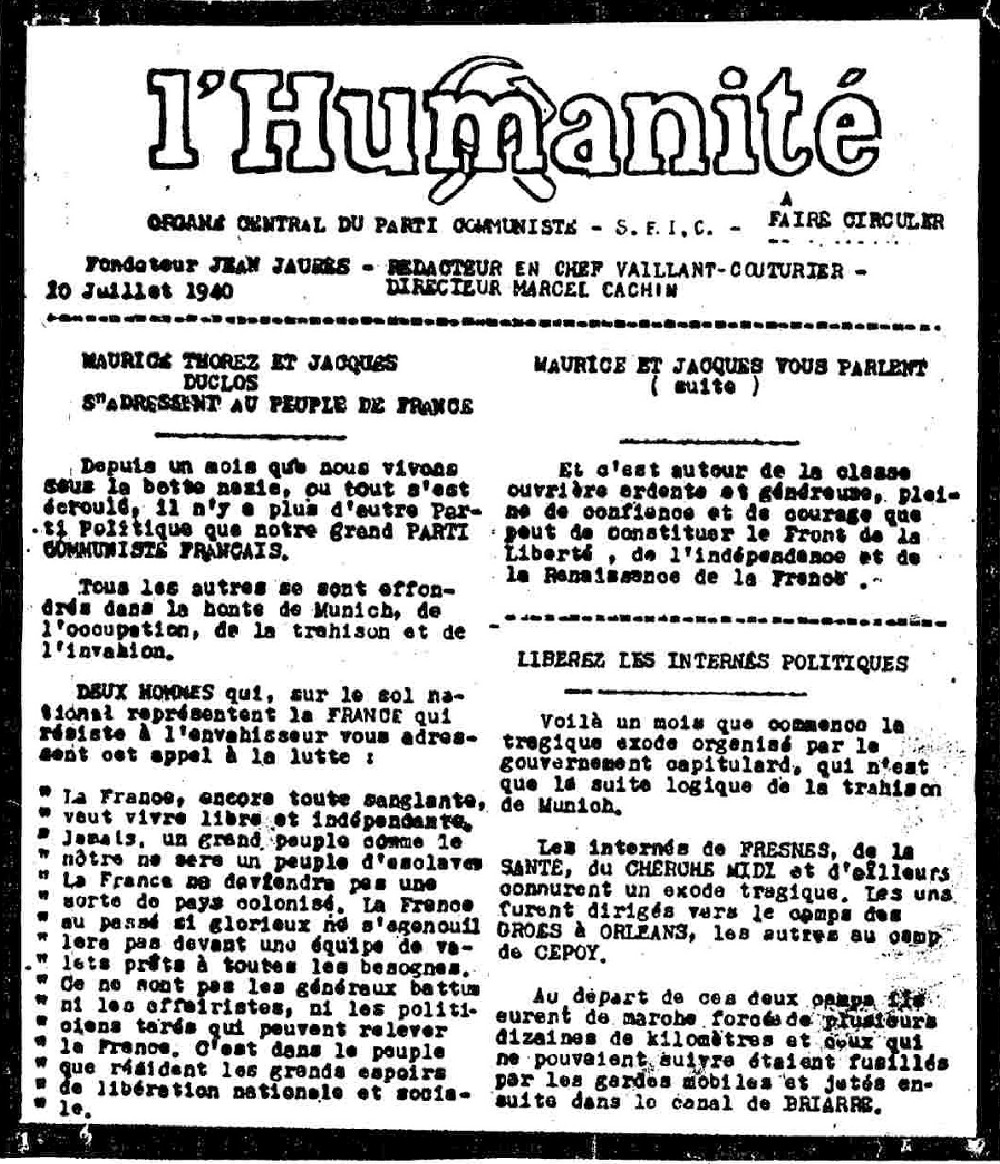 "Jamais un grand peuple comme le nôtre ne sera un peuple d'esclaves" : L'appel du PCF du 10 juillet 1940