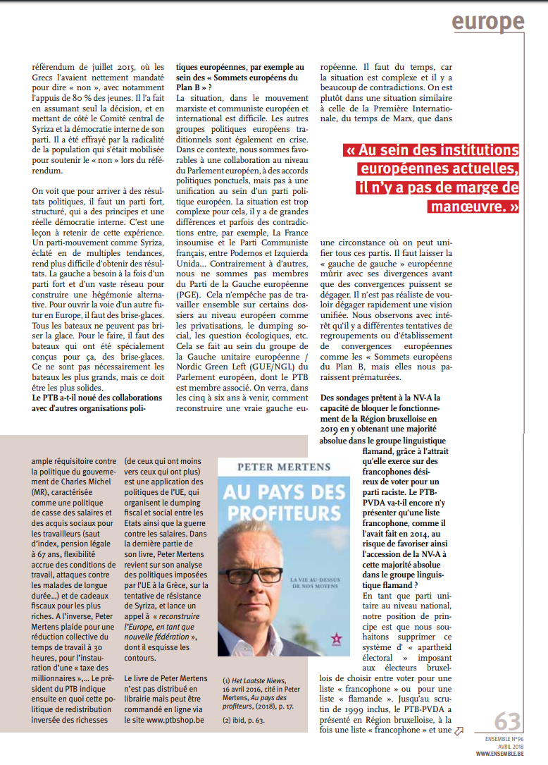 Le PTB pour une "Fédération des Etats socialistes européens"