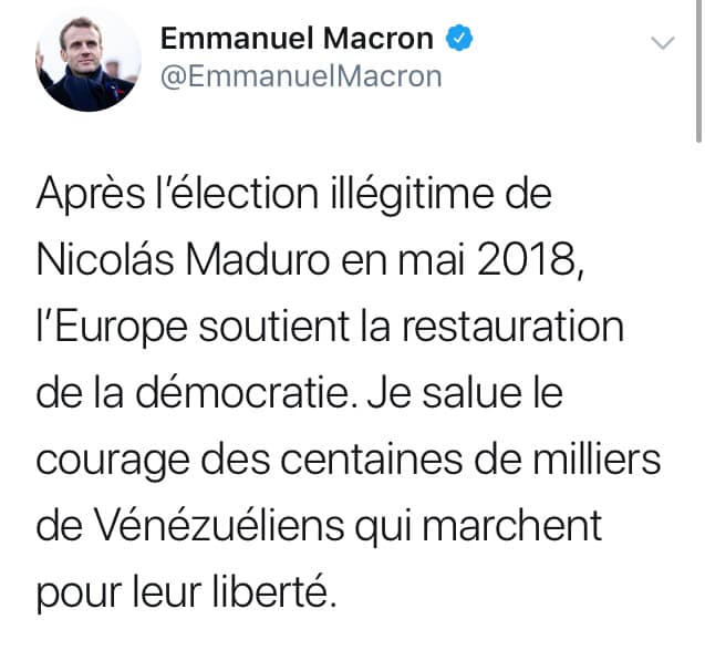 Emmanuel Macron soutient officiellement le coup d'état contre le Venezuela Emmanuel Macron soutient officiellement le coup d'état contre le Venezuela