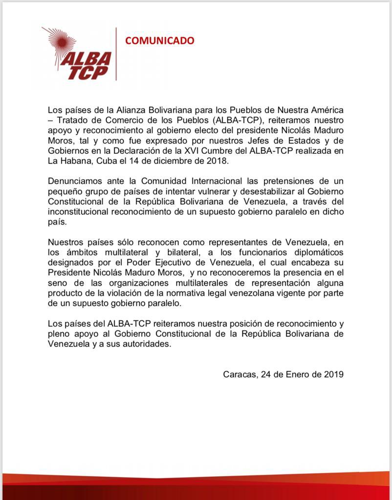 ALBA-TCP réitère son soutien au gouvernement du président Maduro ALBA-TCP réitère son soutien au gouvernement du président Maduro