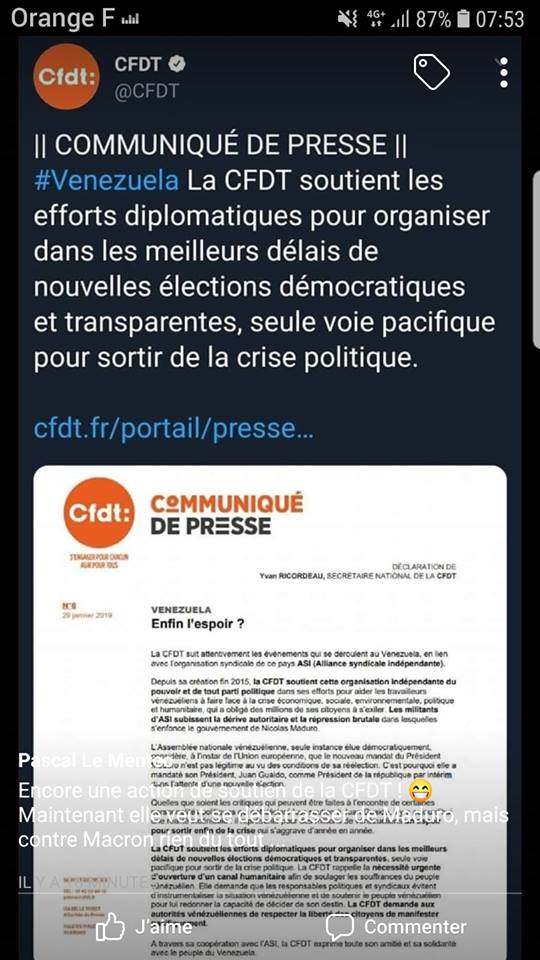 La CFDT soutient le coup d'état au Venezuela et s'aligne sur l'impérialisme La CFDT soutient le coup d'état au Venezuela et s'aligne sur l'impérialisme