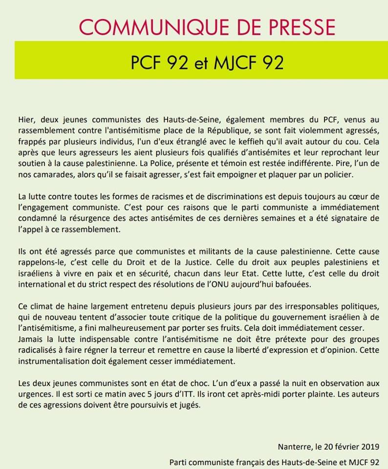 Deux militants PCF des Hauts-de-Seine agressés au rassemblement contre l’antisémitisme