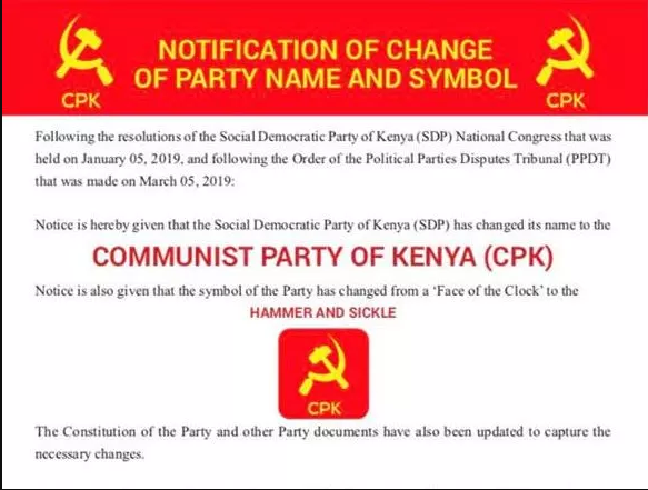 Le Parti Social-démocrate du Kenya devient le Parti Communiste du Kenya