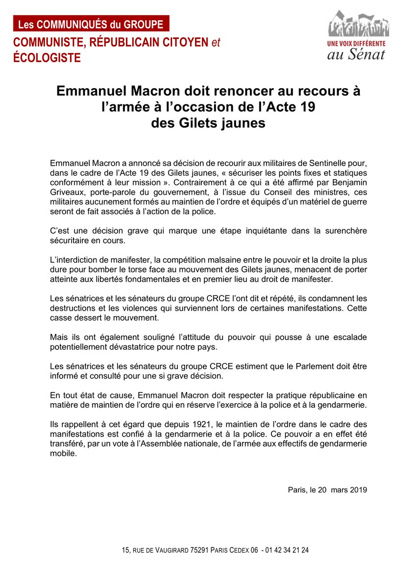 Les sénateurs et sénatrices communistes rejettent le recours à l'armée contre les Gilets Jaunes