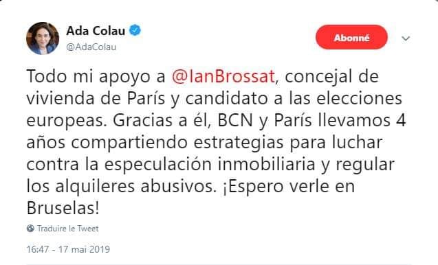 La maire de Barcelone, Ada Colau, appelle à voter Ian Brossat La maire de Barcelone, Ada Colau, appelle à voter Ian Brossat