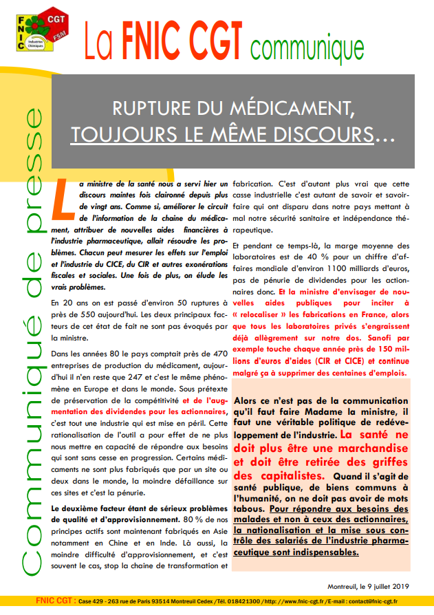 Pénurie de médicaments : La FNIC-CGT appelle à sortir la santé "des griffes des capitalistes" Pénurie de médicaments : La FNIC-CGT appelle à sortir la santé "des griffes des capitalistes"