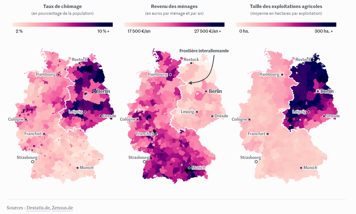 Chute du mur de Berlin : trente ans après, 9 cartes sur le décalage persistant entre l’ex-RDA et le reste de l’Allemagne Chute du mur de Berlin : trente ans après, 9 cartes sur le décalage persistant entre l’ex-RDA et le reste de l’Allemagne