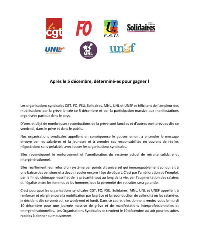 L'intersyndicale appelle à la grève le 10 décembre