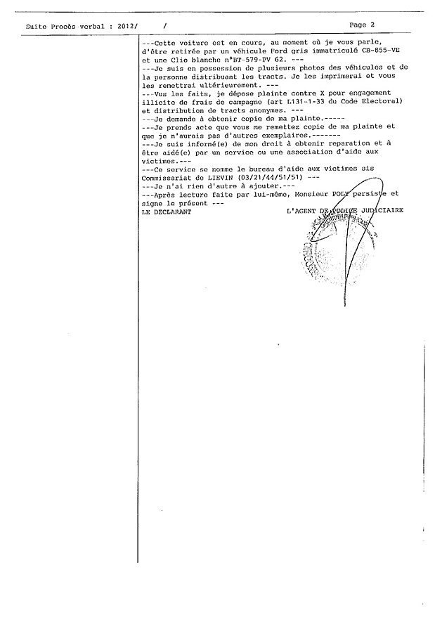 Dépôt de plainte du 29 mai 2012 contre le faux tract de l'extrême droite (FN) Dépôt de plainte du 29 mai 2012 contre le faux tract de l'extrême droite (FN)