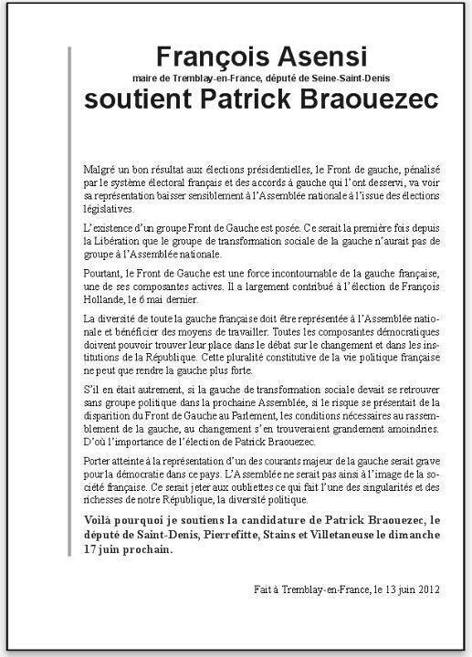 François Asensi (Front de Gauche) soutient Patrick Braouezec contre le PS