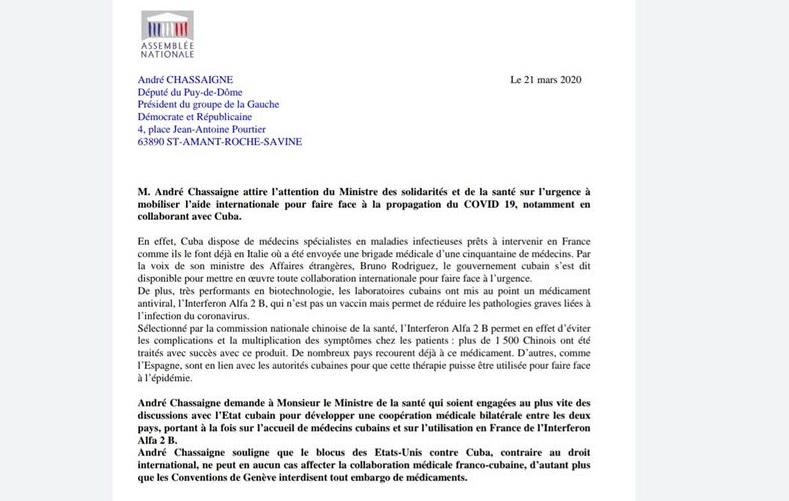 Covid-19 : André Chassaigne (PCF) demande que la France entame une coopération médicale avec Cuba Covid-19 : André Chassaigne (PCF) demande que la France entame une coopération médicale avec Cuba