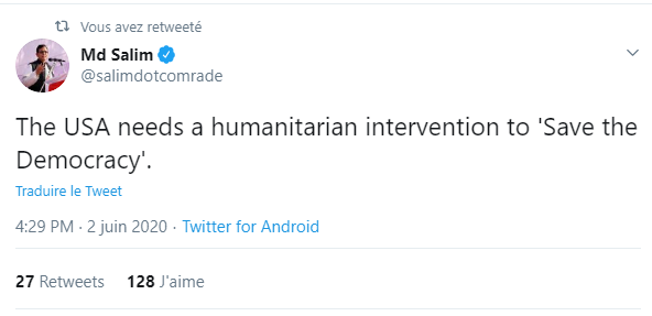 Un dirigeant communiste appelle à "une intervention humanitaire pour sauver la démocratie" aux USA Un dirigeant communiste appelle à "une intervention humanitaire pour sauver la démocratie" aux USA