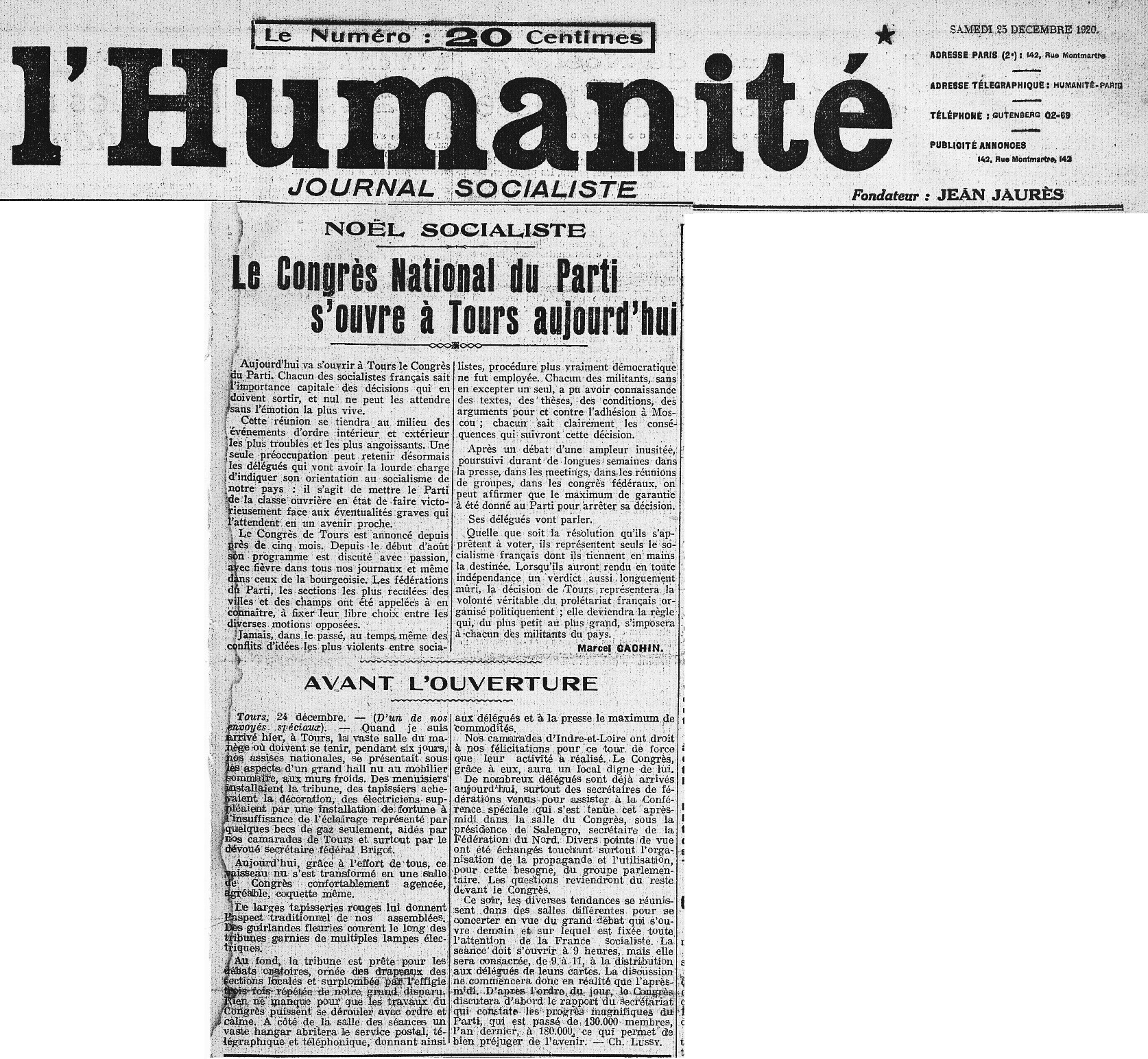 Il y a 100 ans, le congrès historique de Tours (L'Humanité du 25 décembre 1920)