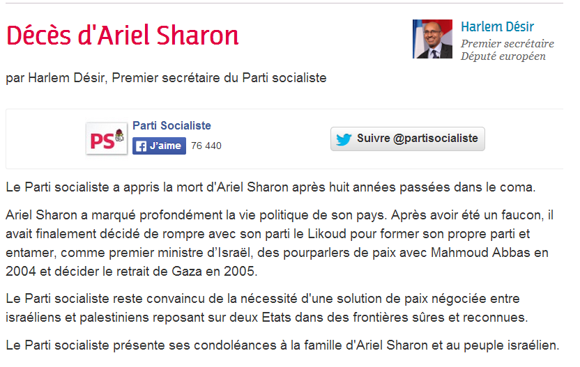 Le Parti socialiste rend hommage au criminel de guerre Ariel Sharon