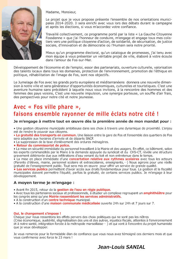 Fos-sur-Mer : Le programme du Front de Gauche avec Jean Louis Sanial