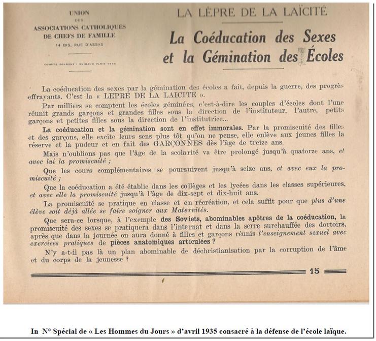 Quand les Associations Familiales Catholiques dénonçaient la mixité, la promiscuité et les petites filles transformées en garçonnes… en 1935 (Ufal) Quand les Associations Familiales Catholiques dénonçaient la mixité, la promiscuité et les petites filles transformées en garçonnes… en 1935 (Ufal)