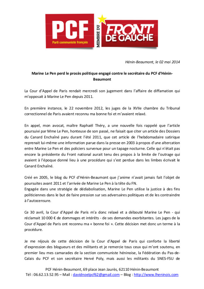 Marine Le Pen perd le procès politique engagé contre le secrétaire du PCF d'Hénin-Beaumont