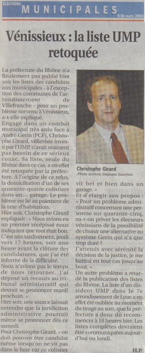 Vénissieux : En 2008 l'invalideur (Christophe Girard - UMP) invalidé (rappel)
