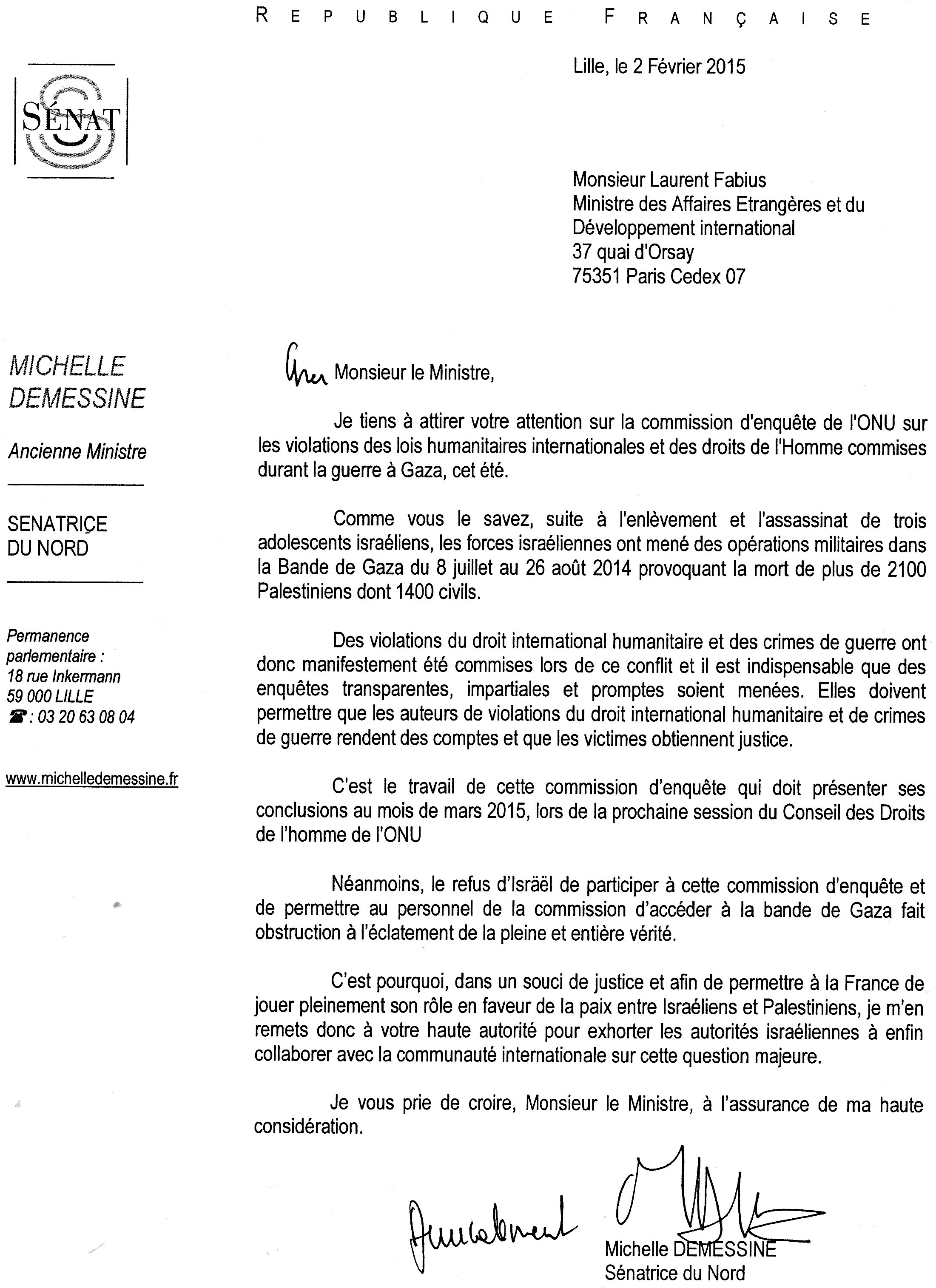 Lettre à Laurent Fabius sur les violations du droit international lors de la guerre de cet été à Gaza