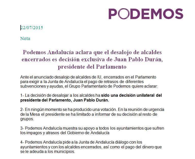 PP/PSOE et Podemos font expulser 45 maires communistes (IU) du Parlement andalou