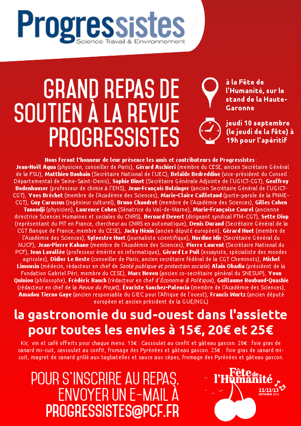 A ne pas rater, le repas de soutien à la revue du PCF "Progressistes" A ne pas rater, le repas de soutien à la revue du PCF "Progressistes"