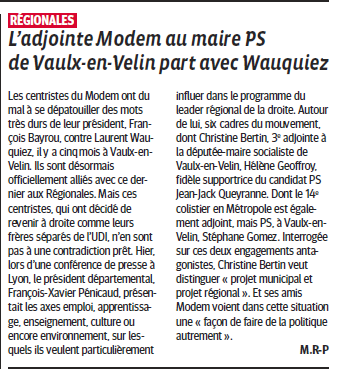 L'adjointe MODEM de la mairie PS de Vaulx-En-Velin part sur la liste de Wauquiez (Les Républicains)