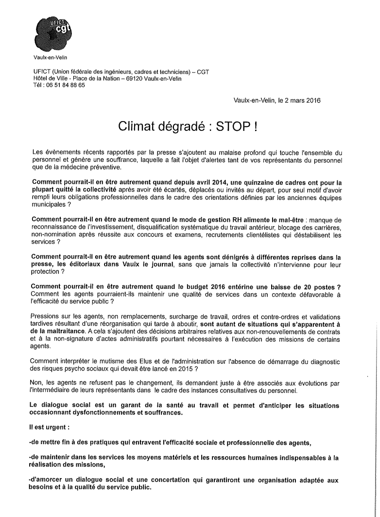 Vaulx-en-Velin : La CGT dit "STOP" aux coups de la mairie PS-droite