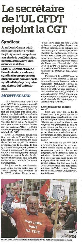 Montpellier, le secrétaire de l'UL CFDT a rejoint la CGT