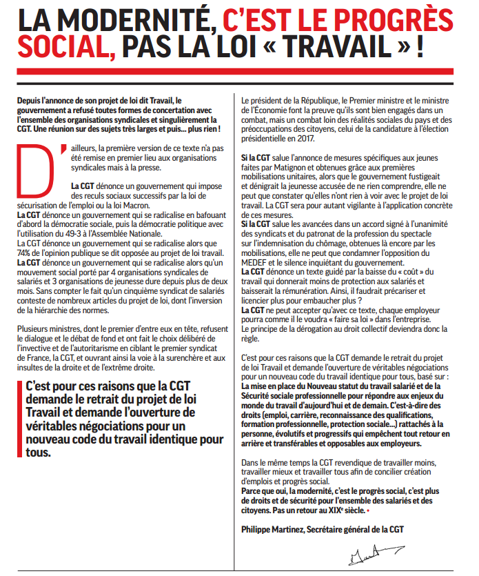 Communiqué de Philippe Martinez (CGT) paru dans certains titres de presse ce 26 mai Communiqué de Philippe Martinez (CGT) paru dans certains titres de presse ce 26 mai