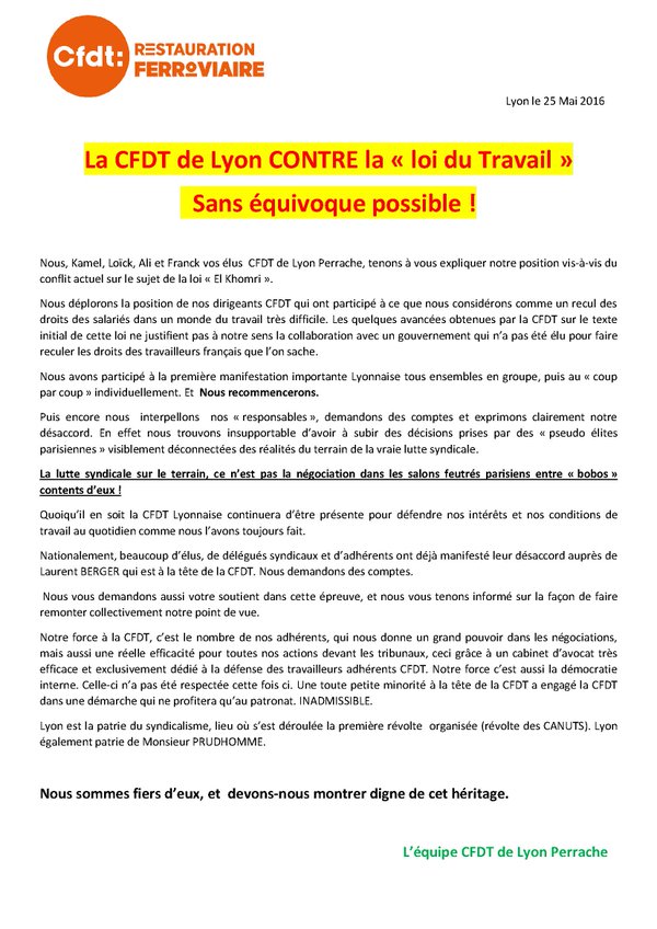 Une section de la CFDT (de Lyon-Perrache) s'oppose à la « loi du Travail » Une section de la CFDT (de Lyon-Perrache) s'oppose à la « loi du Travail »