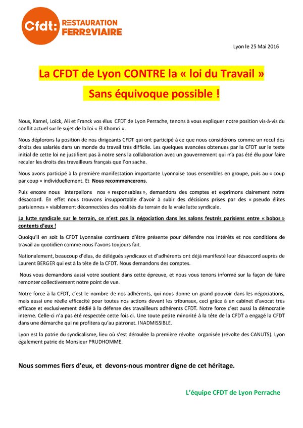 Une section de la CFDT (de Lyon-Perrache) s'oppose à la « loi du Travail »