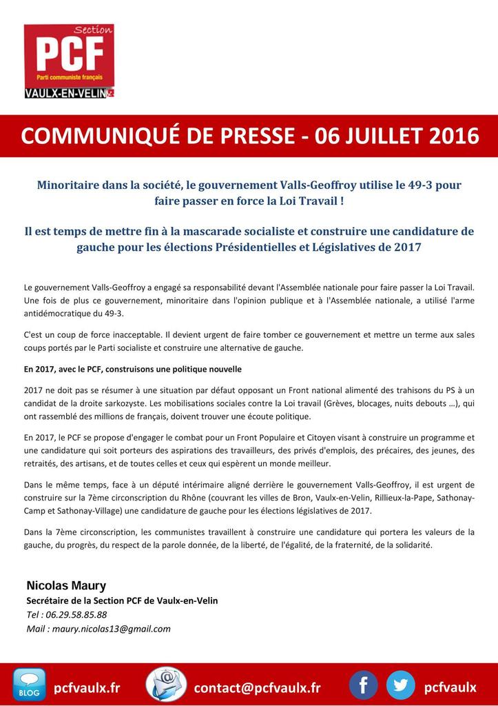 Il est temps de mettre fin à la mascarade socialiste (PCF Vaulx-en-Velin) Il est temps de mettre fin à la mascarade socialiste (PCF Vaulx-en-Velin)