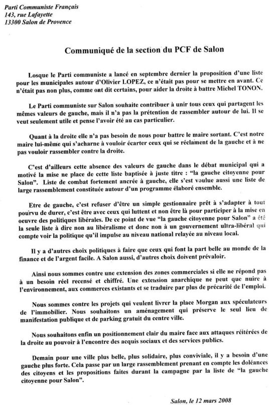 Position du PCF Salon