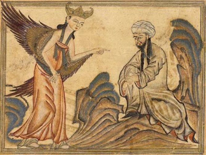 Muhammad reçoit la révélation de l’ange Gabriel. Compendium des Histoires (Jâmi‘ al-tawârikh) de Rashîd al-dîn, manuscrit illustré produit à Tabriz au début du XIVe siècle (Edinburgh University Library, MS Arab 20). Source: http://ifpo.hypotheses.org/4445