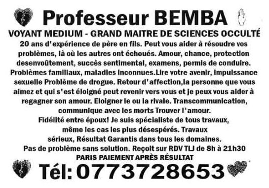 Bemba, voyant médium grand maître des sciences occultes pour l’amour, la chance, la protection et le désenvoûtement à Lyon