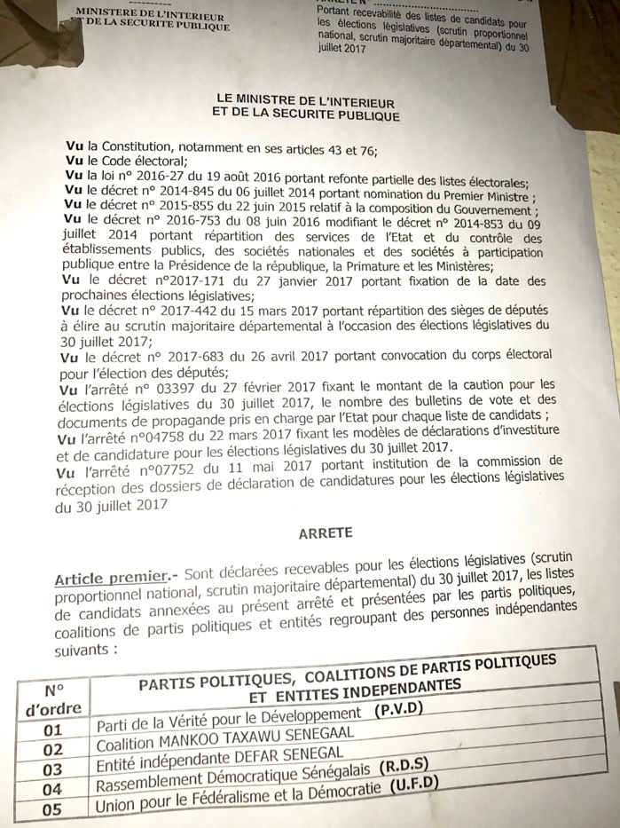 Sénégal-Elections législative : la liste des partis et coalitions de partis retenus pour les élections législatives du 30 Juillet 2017